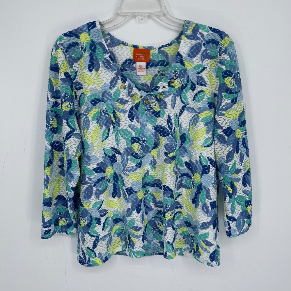 Hearts of Palm Women's Blue Floral Embellished 3/4 Sleeve Mesh Top Size XLP